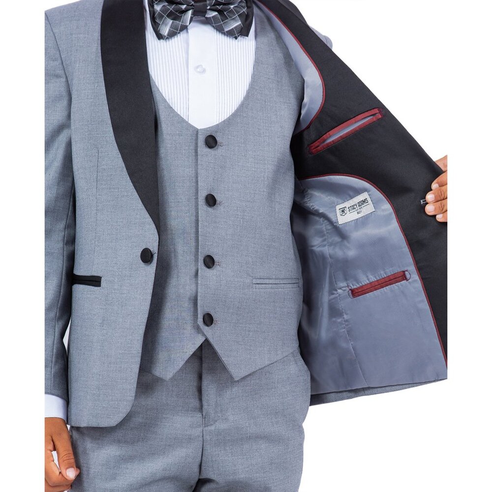 Stacy Adams Boys Mid Gray Tuxedo Set, 5-Piece Black Shawl Collar - Picture 2 of 5